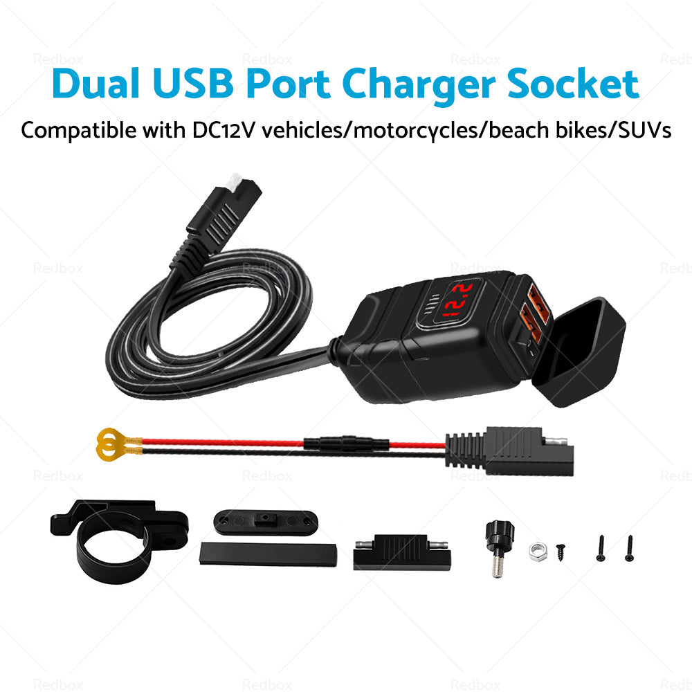 {{ Dual USB Port Motorcycle Fast Charger Socket LED Voltmeter Display ON OFF Switch }} - Buy Car Parts Online at {{ Kaka Auto Parts }}.