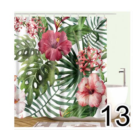 Bathroom Fabric Shower Curtain 12 Hook Set Water Resistant Tropical Plants Panel