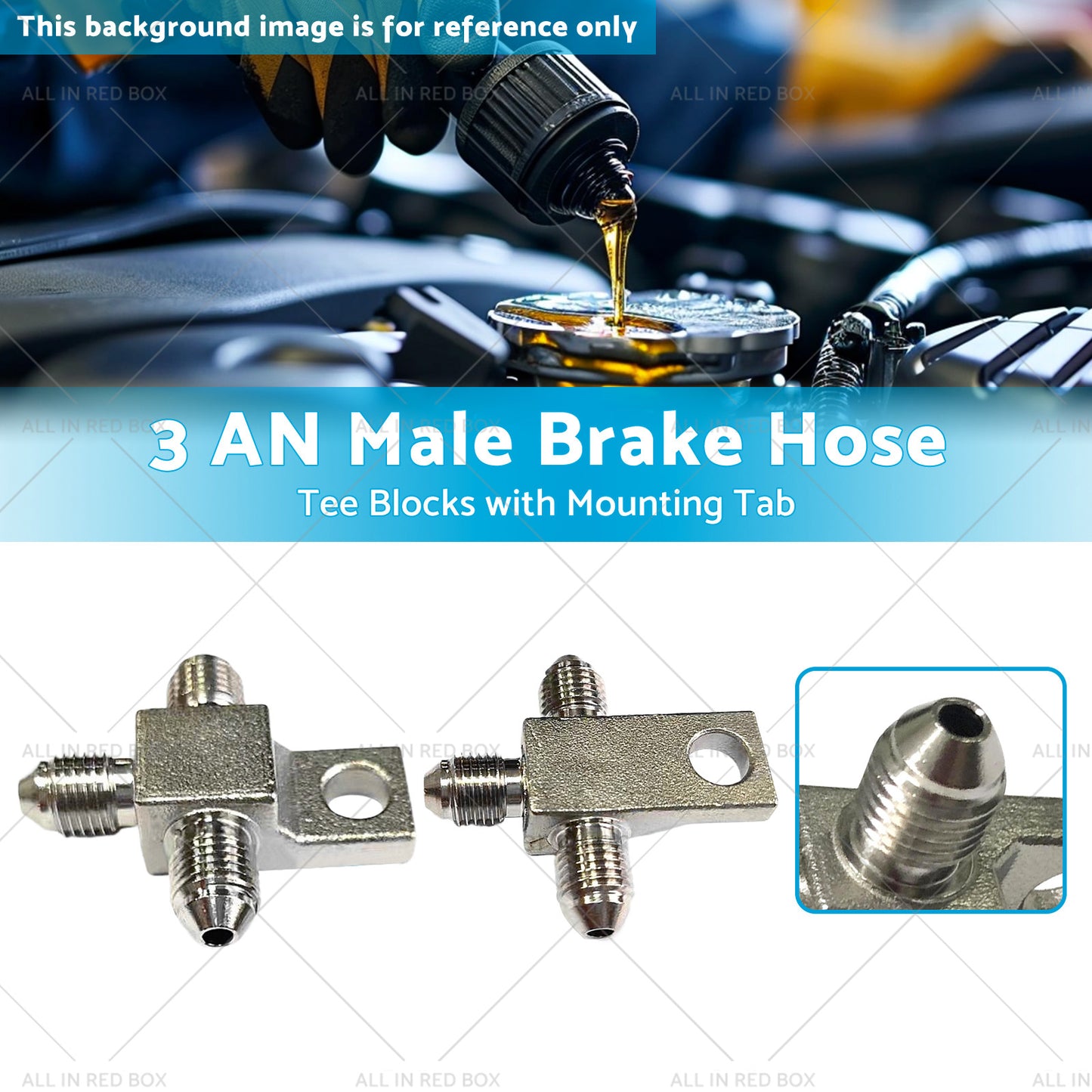 {{ Pair of Stainless Steel - 3 AN Male Brake Hose Tee Blocks with Mounting Tab }} - Buy Car Parts Online at {{ Kaka Auto Parts }}.