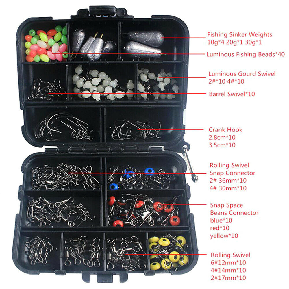 177Pcs Pro Fishing Accessories Kit w or Tackle Box For Outdoor Swivels Hook Beads