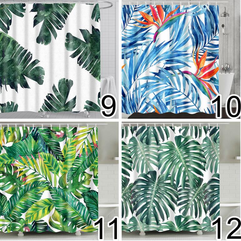 Bathroom Fabric Shower Curtain 12 Hook Set Water Resistant Tropical Plants Panel