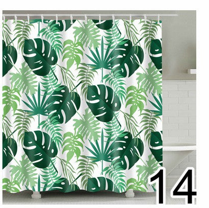 Bathroom Fabric Shower Curtain 12 Hook Set Water Resistant Tropical Plants Panel
