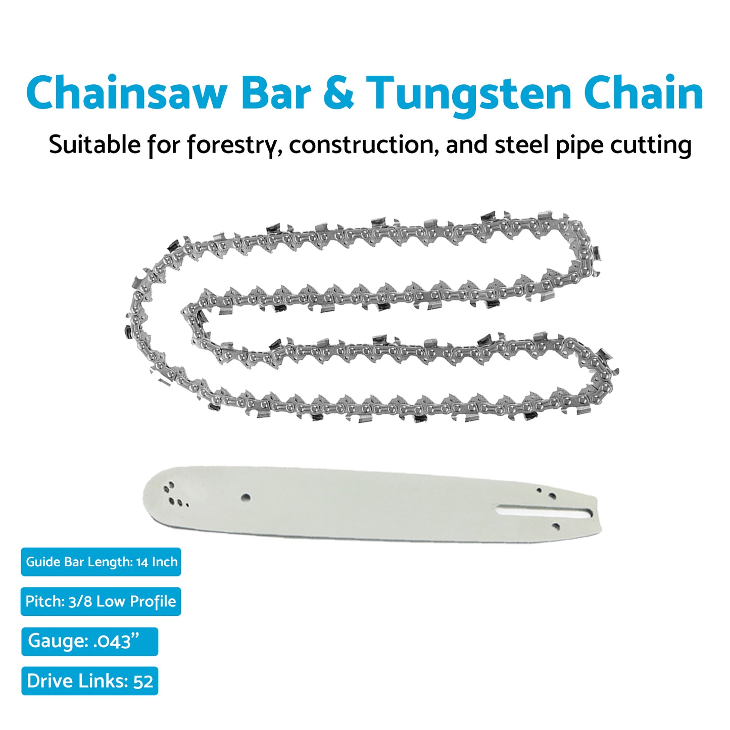 14'' Tungsten Chain & Guide Bar 3/8LP .043 52DL Suitable For Makita EGO 56V