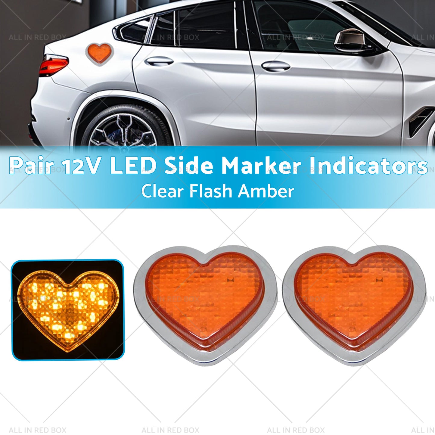 {{ Heart Pair 12V LED Side Marker Indicators Clear Flash Amber }} - Buy Car Parts Online at {{ Kaka Auto Parts }}.