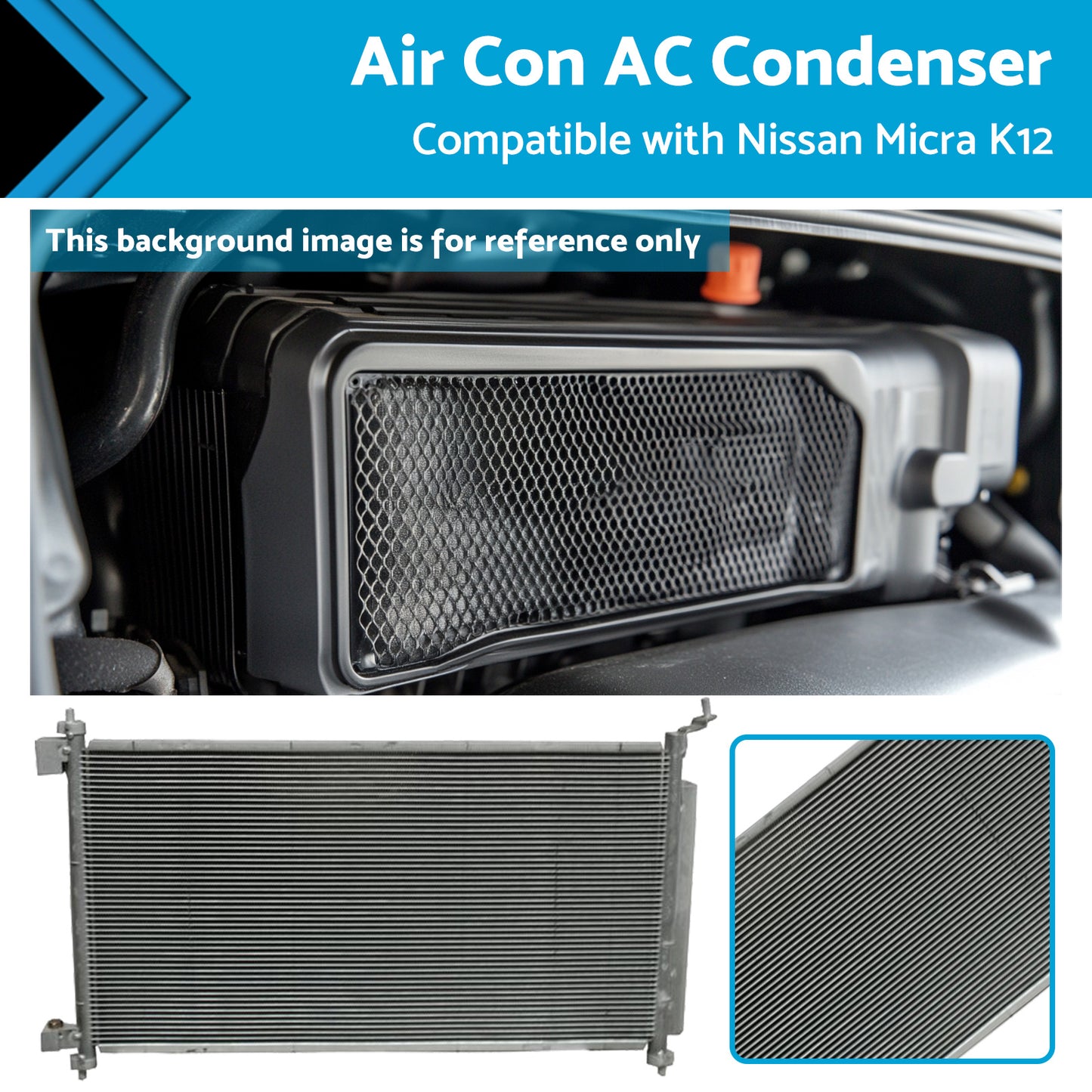 {{ Air Con AC Condenser Suitable for Nissan Micra K12 07/2007-08/2010 650mm 16mm }} - Buy Car Parts Online at {{ Kaka Auto Parts }}.