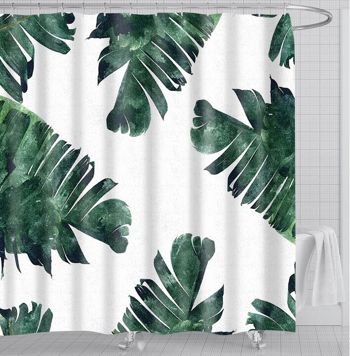 Bathroom Fabric Shower Curtain 12 Hook Set Water Resistant Tropical Plants Panel