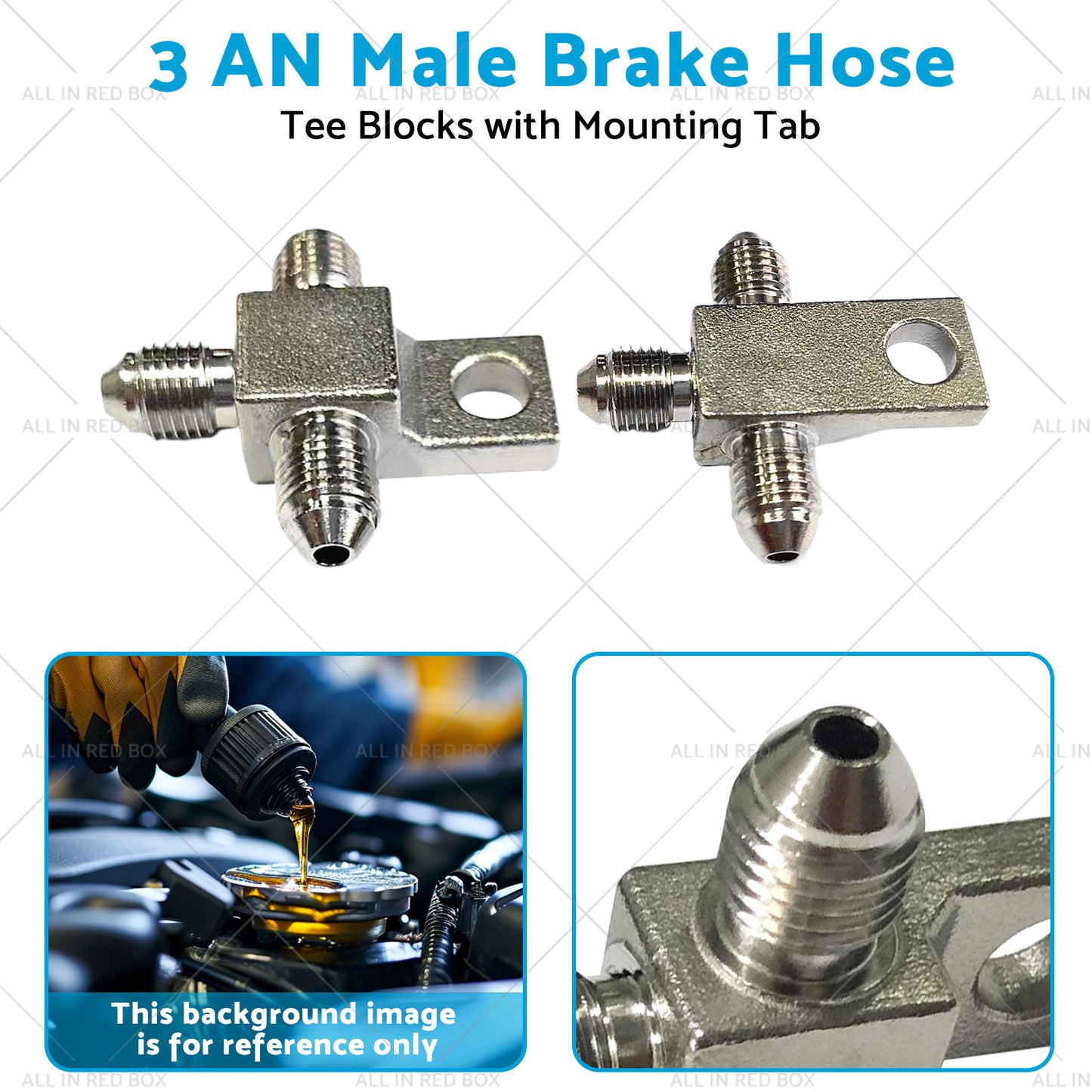 {{ Pair of Stainless Steel - 3 AN Male Brake Hose Tee Blocks with Mounting Tab }} - Buy Car Parts Online at {{ Kaka Auto Parts }}.