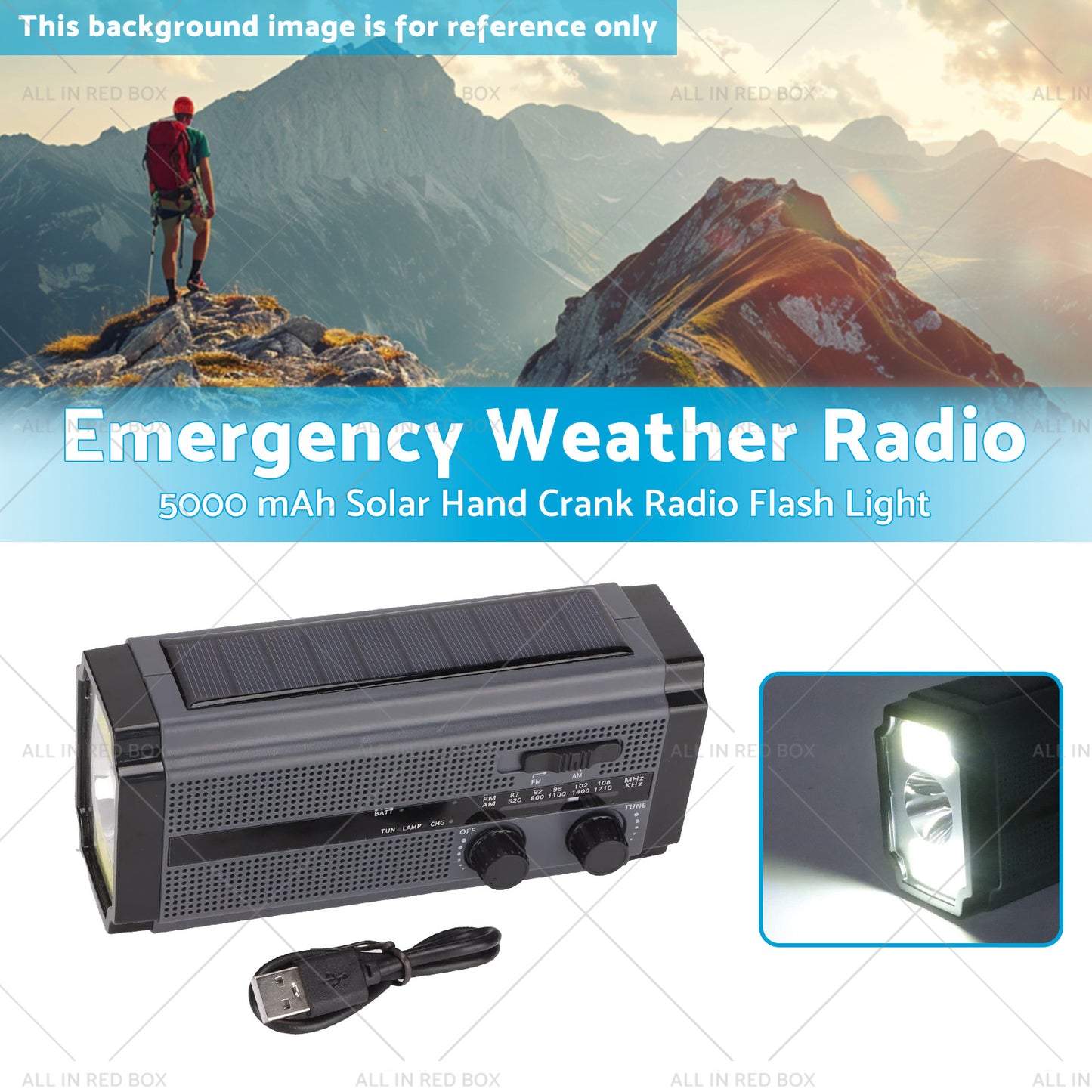 {{ Solar Hand Crank Radio Emergency Weather 5000mAh Power Bank Flash Light Black }} - Buy Car Parts Online at {{ Kaka Auto Parts }}.