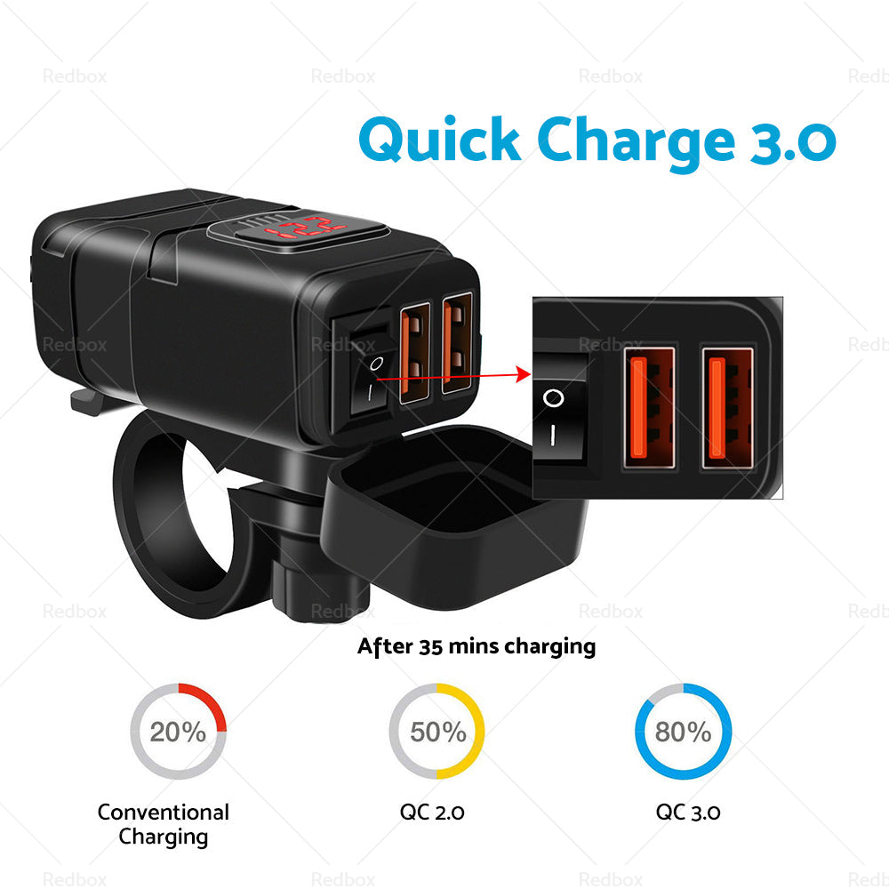 {{ Dual USB Port Motorcycle Fast Charger Socket LED Voltmeter Display ON OFF Switch }} - Buy Car Parts Online at {{ Kaka Auto Parts }}.