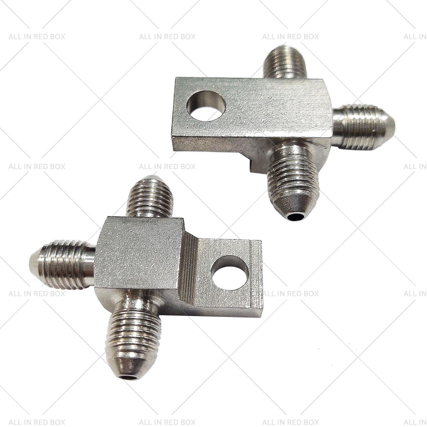 {{ Pair of Stainless Steel - 3 AN Male Brake Hose Tee Blocks with Mounting Tab }} - Buy Car Parts Online at {{ Kaka Auto Parts }}.