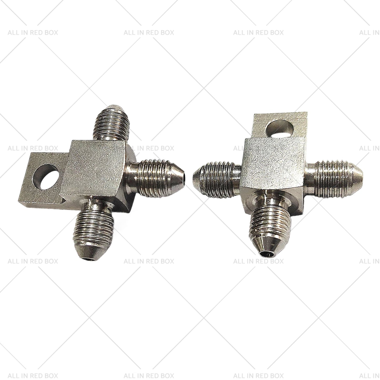 {{ Pair of Stainless Steel - 3 AN Male Brake Hose Tee Blocks with Mounting Tab }} - Buy Car Parts Online at {{ Kaka Auto Parts }}.