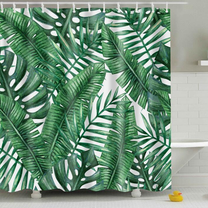 Bathroom Fabric Shower Curtain 12 Hook Set Water Resistant Tropical Plants Panel