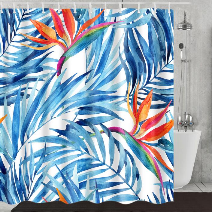 Bathroom Fabric Shower Curtain 12 Hook Set Water Resistant Tropical Plants Panel