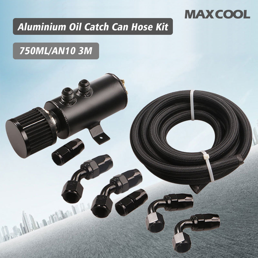 Aluminium Baffled Engine Oil Catch Can 0. 75L 2 Port AN10 3M Hose Fitting Kit
