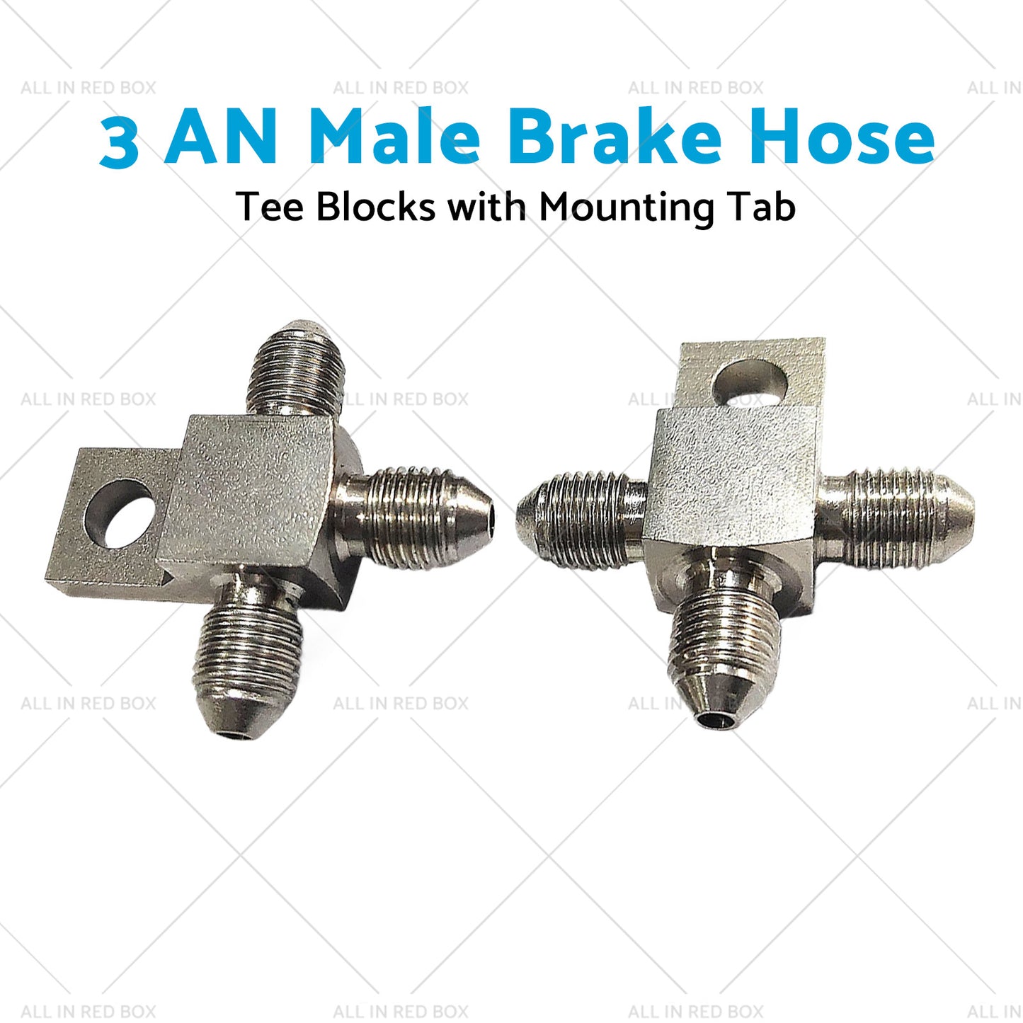 {{ Pair of Stainless Steel - 3 AN Male Brake Hose Tee Blocks with Mounting Tab }} - Buy Car Parts Online at {{ Kaka Auto Parts }}.