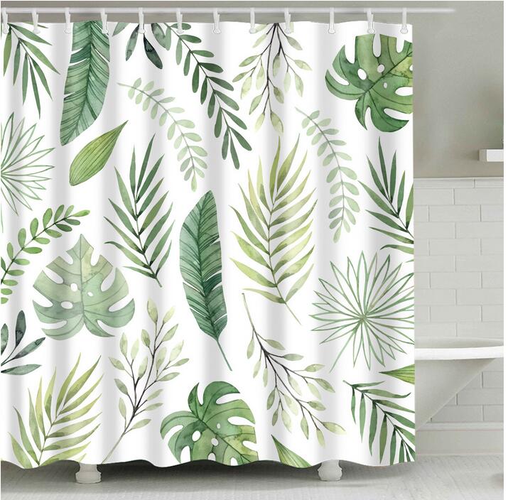 Bathroom Fabric Shower Curtain 12 Hook Set Water Resistant Tropical Plants Panel