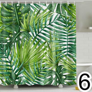 Bathroom Fabric Shower Curtain 12 Hook Set Water Resistant Tropical Plants Panel