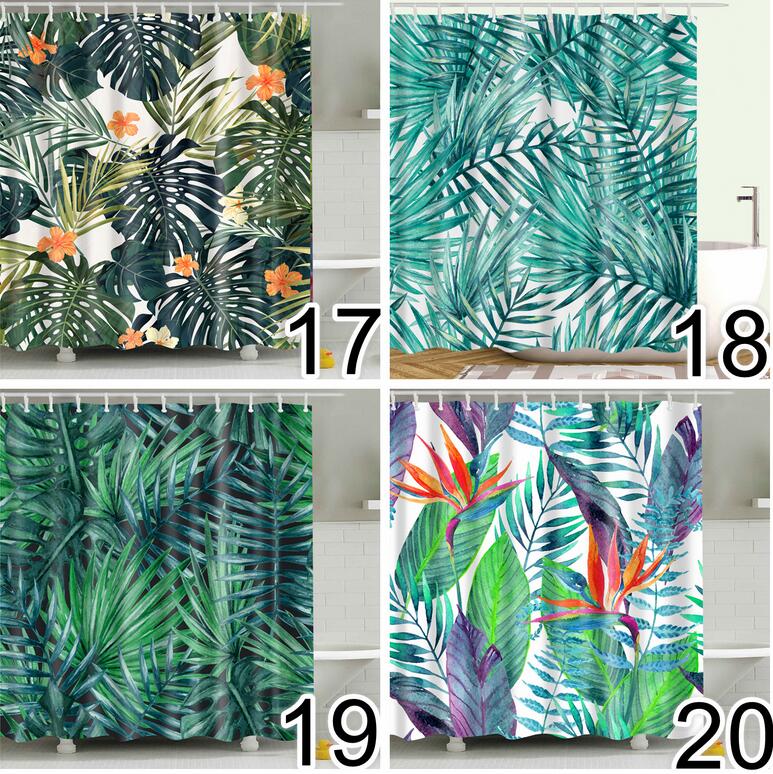 Bathroom Fabric Shower Curtain 12 Hook Set Water Resistant Tropical Plants Panel