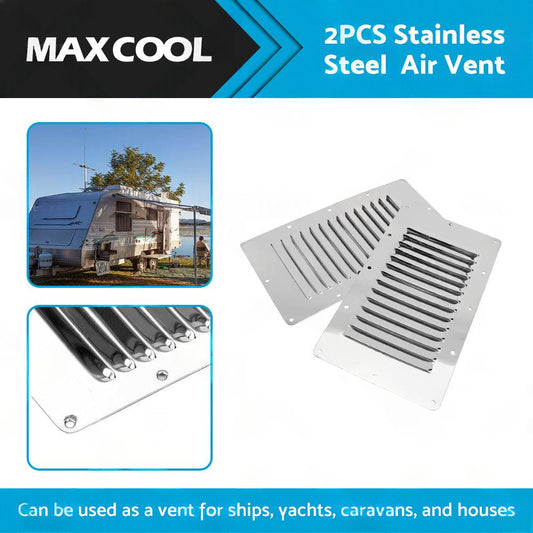 2 x Stainless Steel Rectangular 14 Louvre Air Vent, Caravan, Boat, Wall Eave