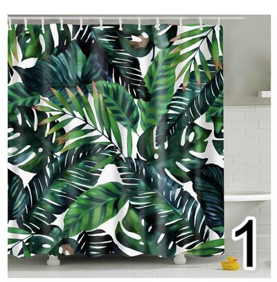 Bathroom Fabric Shower Curtain 12 Hook Set Water Resistant Tropical Plants Panel