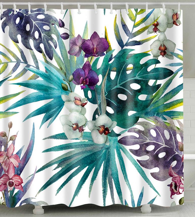 Bathroom Fabric Shower Curtain 12 Hook Set Water Resistant Tropical Plants Panel
