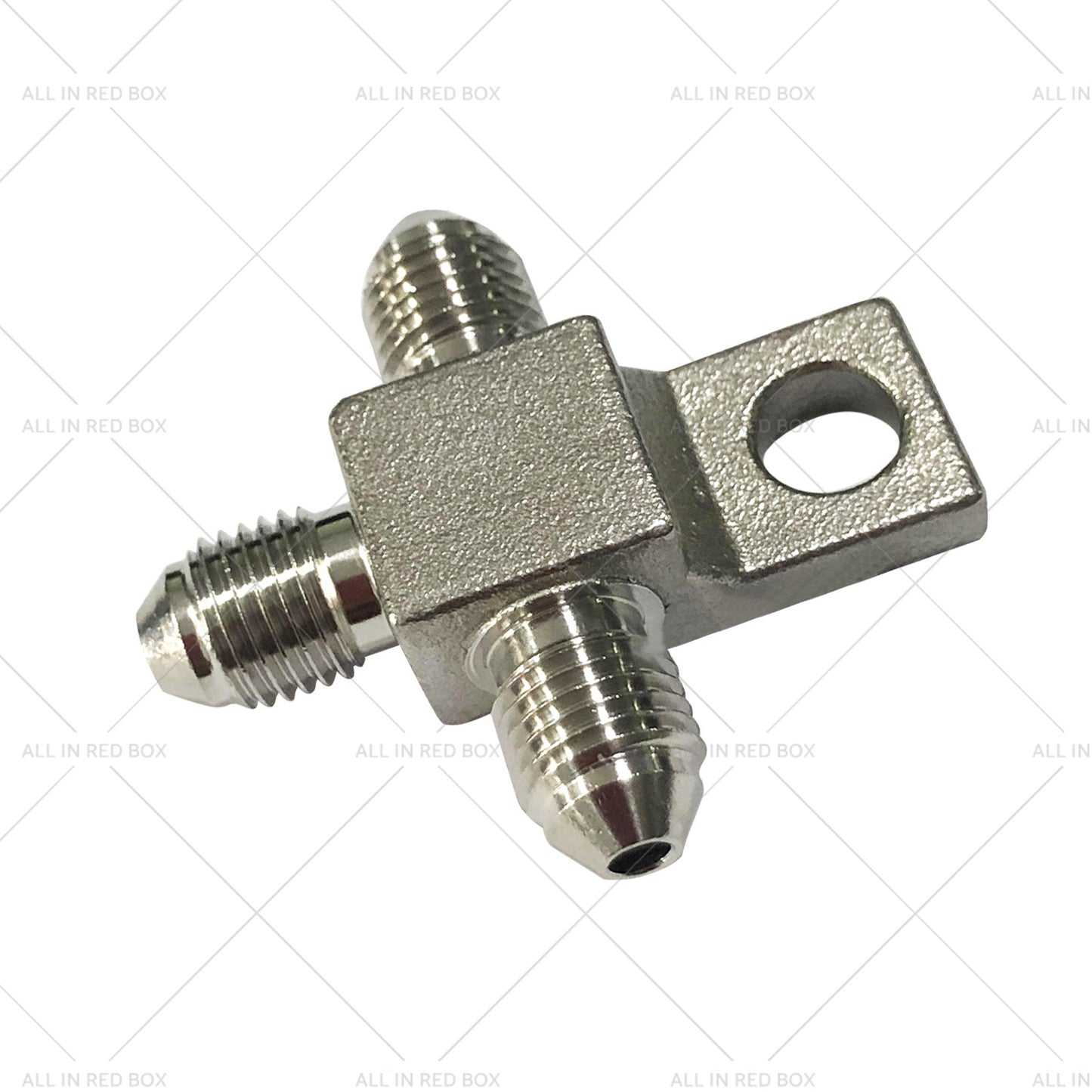 {{ Pair of Stainless Steel - 3 AN Male Brake Hose Tee Blocks with Mounting Tab }} - Buy Car Parts Online at {{ Kaka Auto Parts }}.