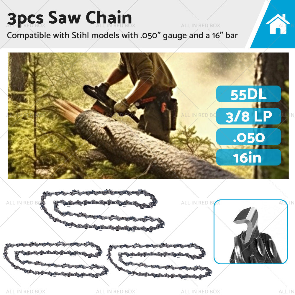 3PCS Chainsaw Chain 16 inch 3 or 8 LP. 050 55DL Suitable for Stihl. 050 Gauge 16 inch bar