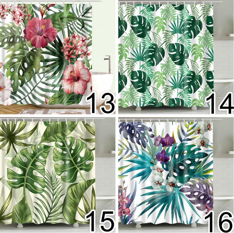 Bathroom Fabric Shower Curtain 12 Hook Set Water Resistant Tropical Plants Panel