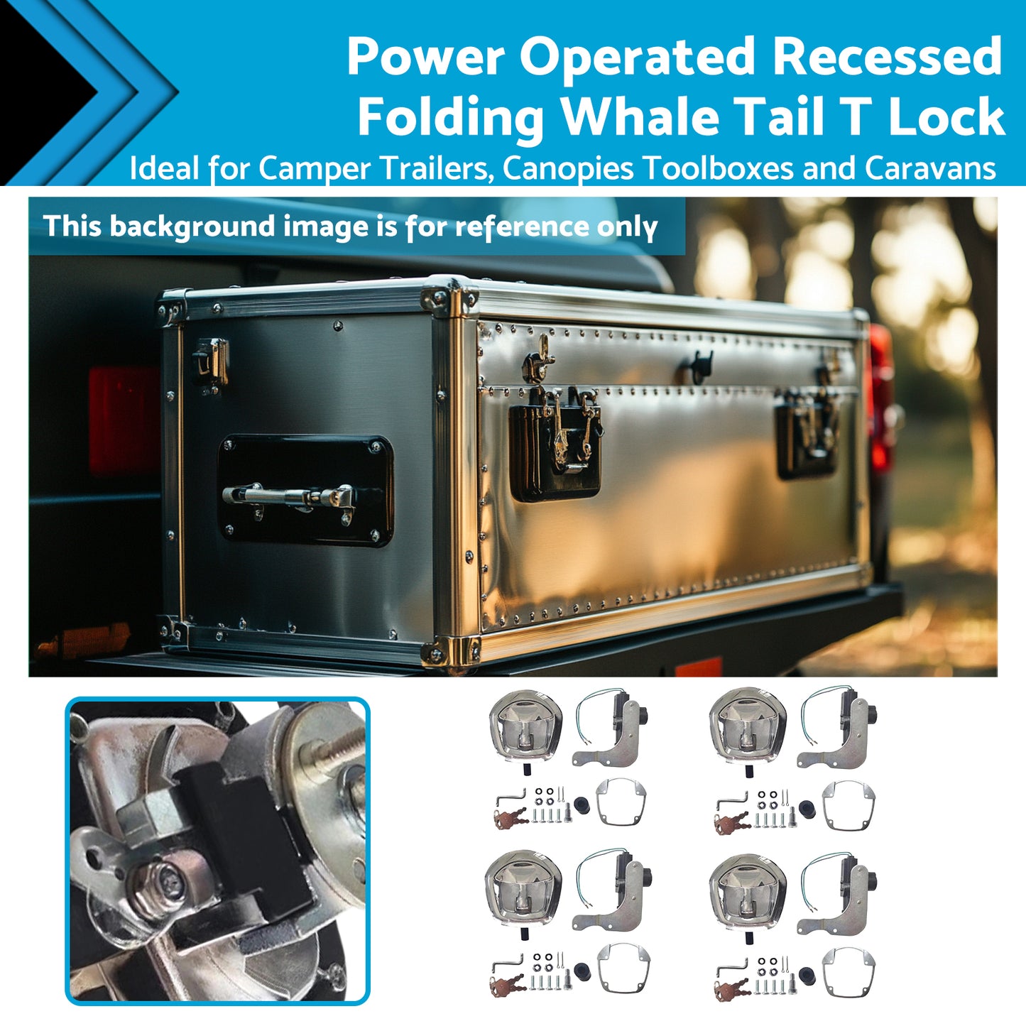 4 Set Chrome Power Operated Recessed Folding Whale Tail T-Lock Handle Toolbox