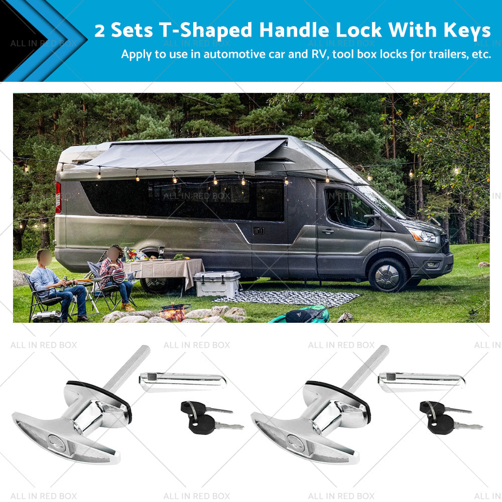 2 Set Chrome Rear Fixing T Handle Lock W or Key For Trailer Caravan Canopy Toolbox
