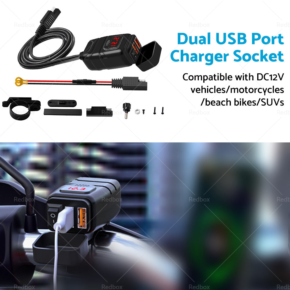 {{ Dual USB Port Motorcycle Fast Charger Socket LED Voltmeter Display ON OFF Switch }} - Buy Car Parts Online at {{ Kaka Auto Parts }}.