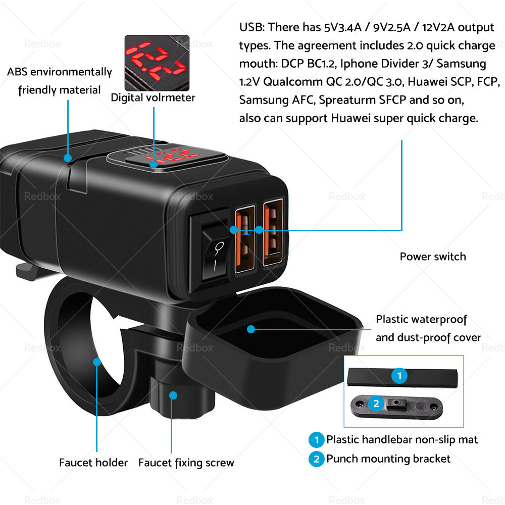 {{ Dual USB Port Motorcycle Fast Charger Socket LED Voltmeter Display ON OFF Switch }} - Buy Car Parts Online at {{ Kaka Auto Parts }}.