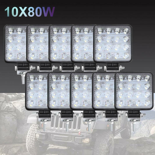 10x 4inch Flood LED Work Lights 80W 12V Square IP68 Suitable For Vehicle/Boat