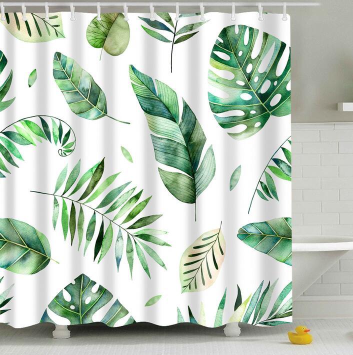 Bathroom Fabric Shower Curtain 12 Hook Set Water Resistant Tropical Plants Panel