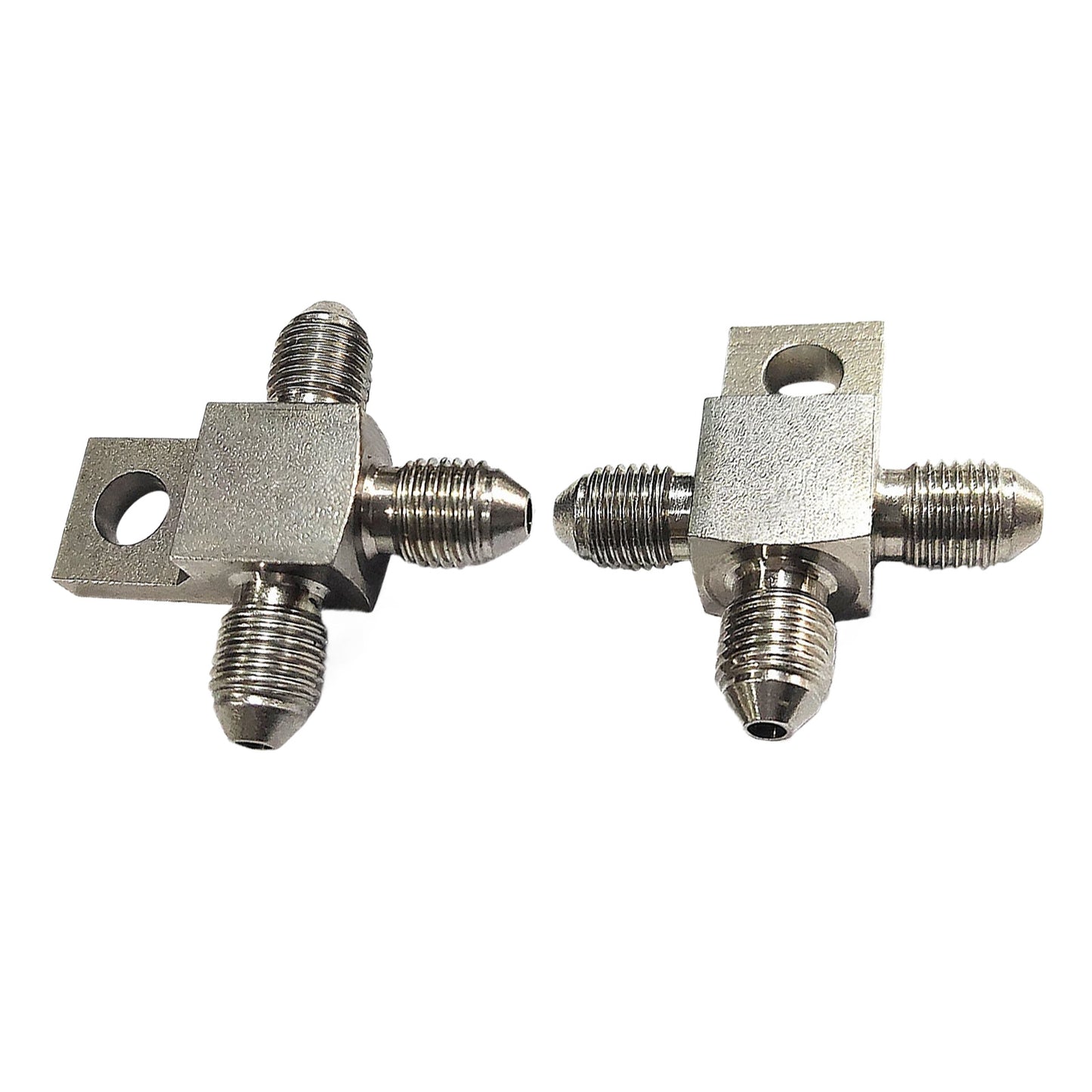 {{ Pair of Stainless Steel - 3 AN Male Brake Hose Tee Blocks with Mounting Tab }} - Buy Car Parts Online at {{ Kaka Auto Parts }}.