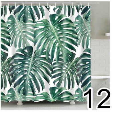 Bathroom Fabric Shower Curtain 12 Hook Set Water Resistant Tropical Plants Panel