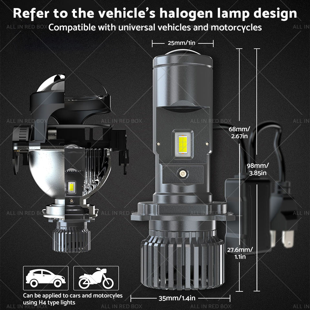 {{ Mini Bi-LED Projector Lens Headlight Globe Bulbs Hi Lo Retrofit RHD H4 9003 100W }} - Buy Car Parts Online at {{ Kaka Auto Parts }}.