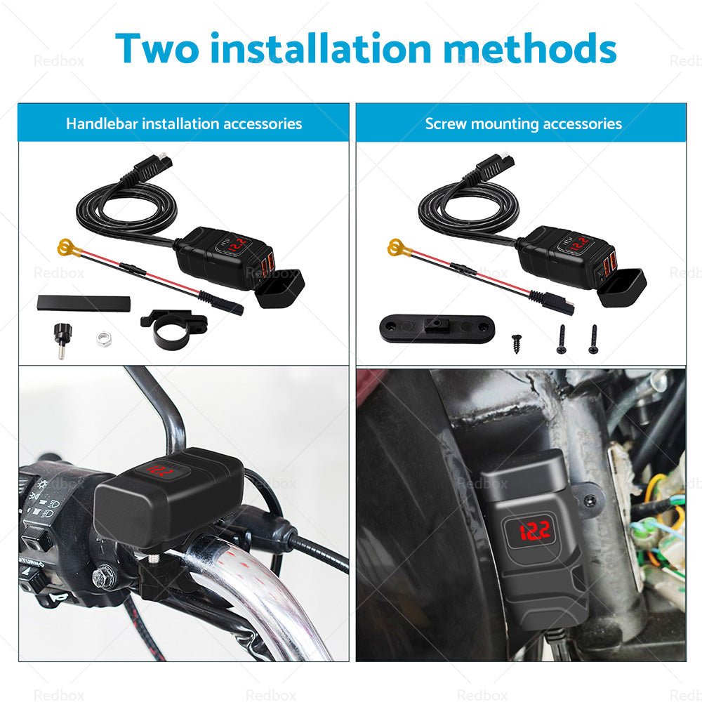 {{ Dual USB Port Motorcycle Fast Charger Socket LED Voltmeter Display ON OFF Switch }} - Buy Car Parts Online at {{ Kaka Auto Parts }}.