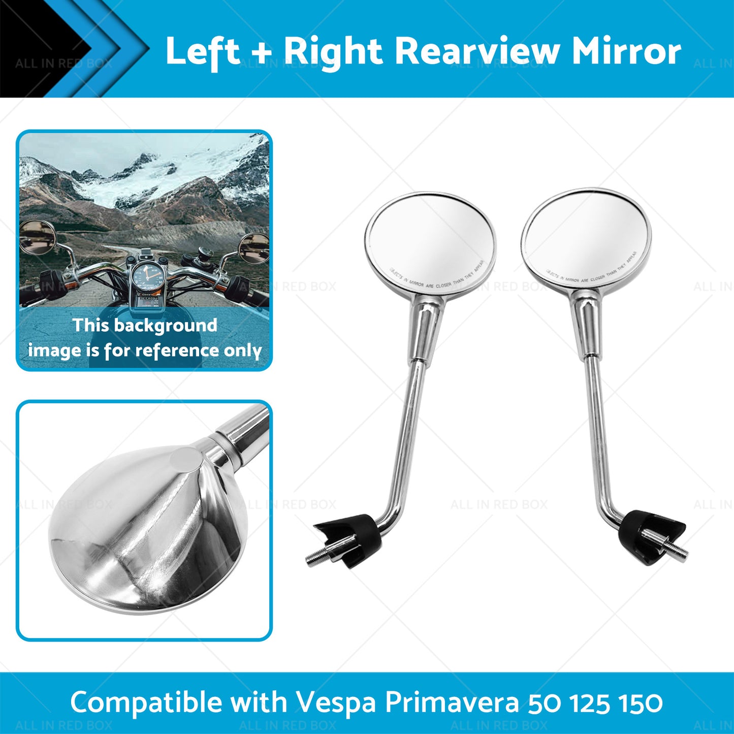 {{ Left and Right Rearview Mirror Chrome Suitable For Vespa Primavera 50 125 150 }} - Buy Car Parts Online at {{ Kaka Auto Parts }}.