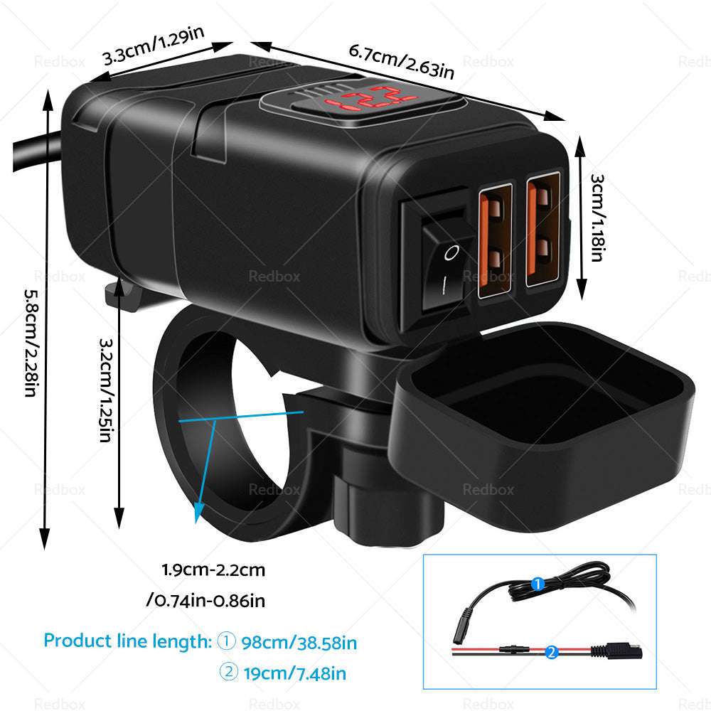 {{ Dual USB Port Motorcycle Fast Charger Socket LED Voltmeter Display ON OFF Switch }} - Buy Car Parts Online at {{ Kaka Auto Parts }}.