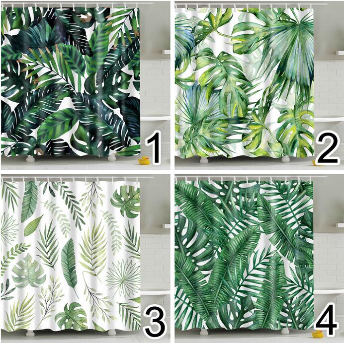 Bathroom Fabric Shower Curtain 12 Hook Set Water Resistant Tropical Plants Panel