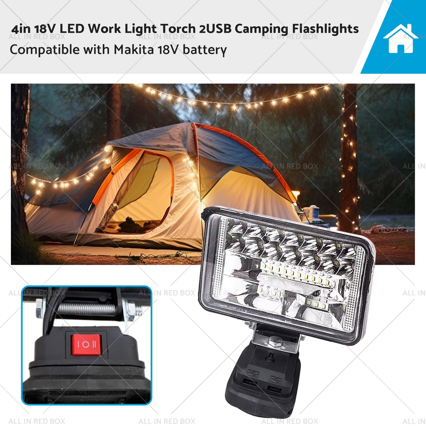 {{ 18V 4in LED Work Light Torch Camping Flashlights 2USB Suitablefor Makita Battery }} - Buy Car Parts Online at {{ Kaka Auto Parts }}.