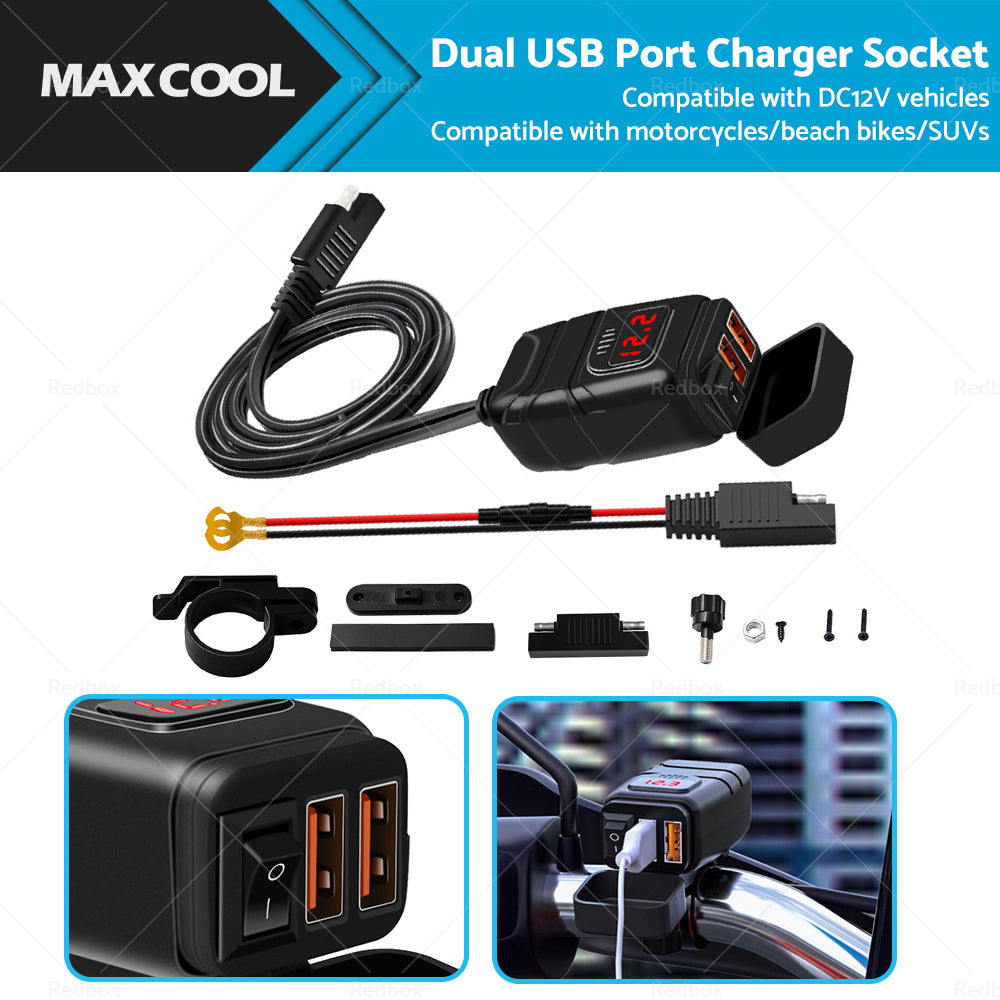 {{ Dual USB Port Motorcycle Fast Charger Socket LED Voltmeter Display ON OFF Switch }} - Buy Car Parts Online at {{ Kaka Auto Parts }}.