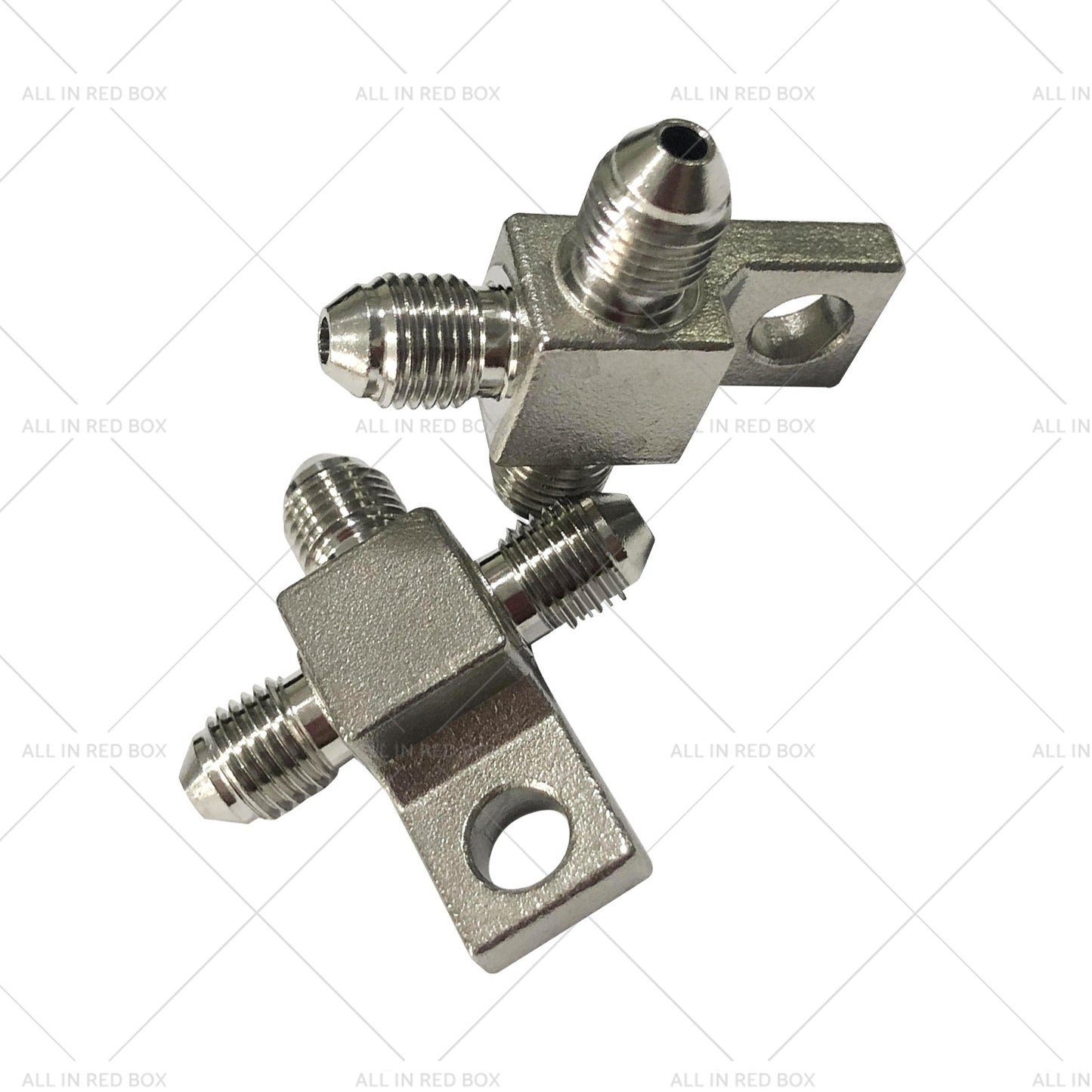 {{ Pair of Stainless Steel - 3 AN Male Brake Hose Tee Blocks with Mounting Tab }} - Buy Car Parts Online at {{ Kaka Auto Parts }}.