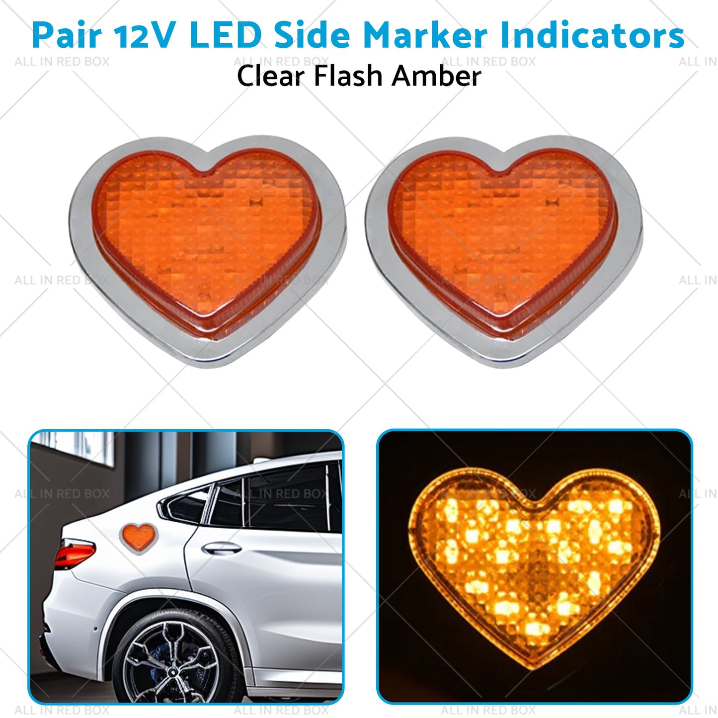 {{ Heart Pair 12V LED Side Marker Indicators Clear Flash Amber }} - Buy Car Parts Online at {{ Kaka Auto Parts }}.