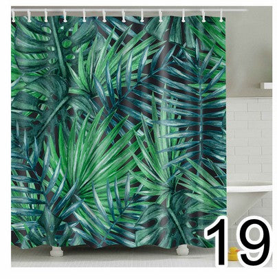 Bathroom Fabric Shower Curtain 12 Hook Set Water Resistant Tropical Plants Panel