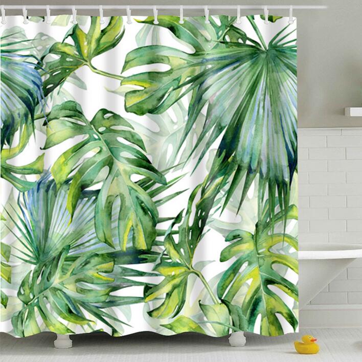 Bathroom Fabric Shower Curtain 12 Hook Set Water Resistant Tropical Plants Panel