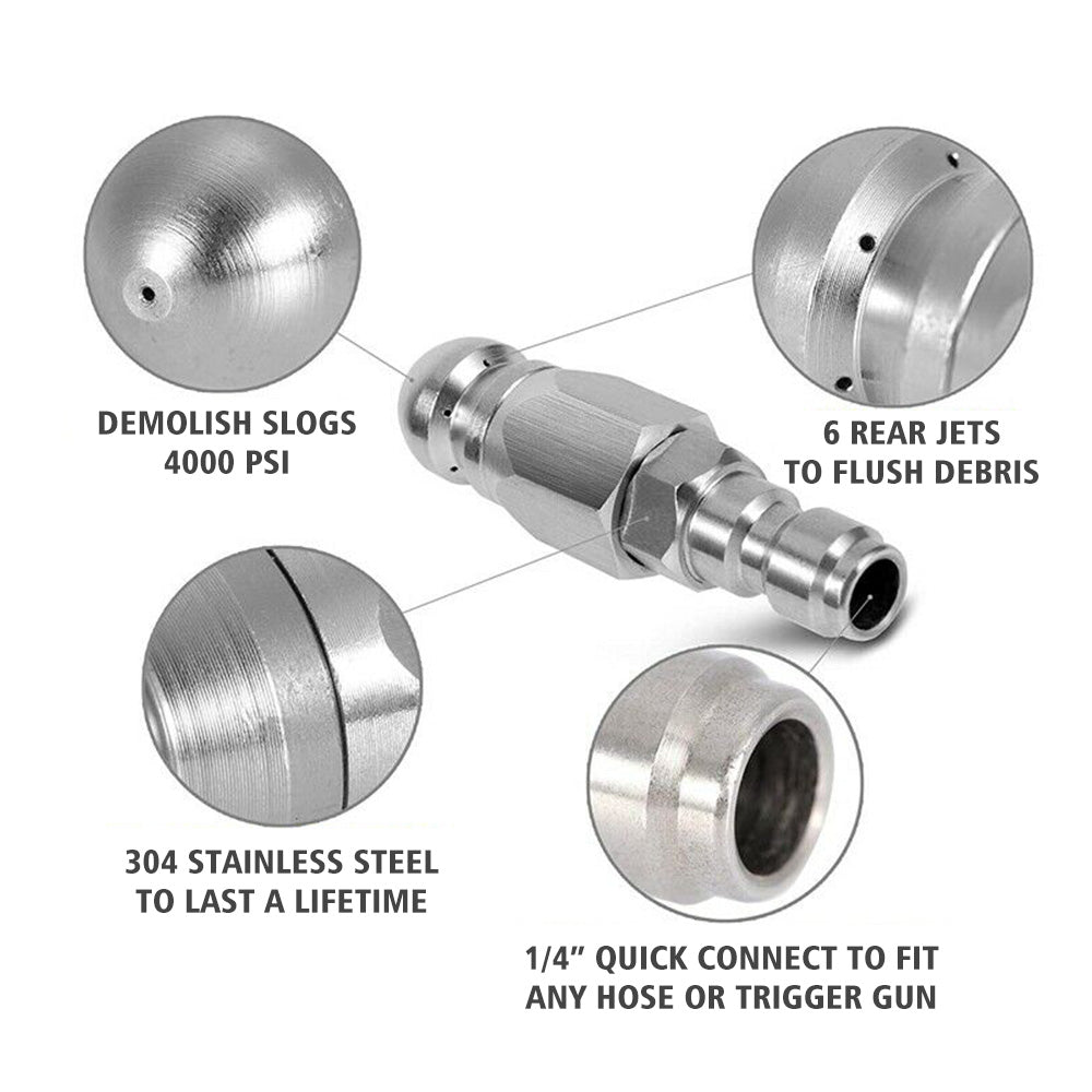 Stainless Steel Sewer Jetter Nozzle For Pressure Washer w or 1 or 4''Connect for Drain