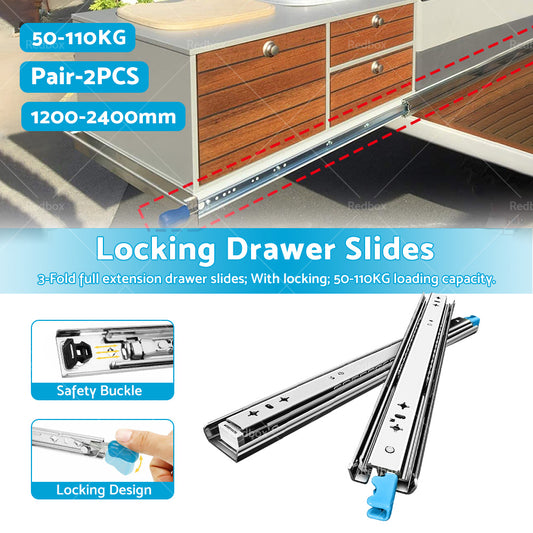 PAIR 90KG Loading Capacity Locking Drawer Slide Runner Trailer 800mm or 1600mm