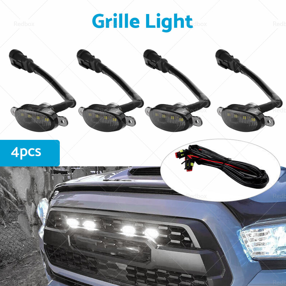 4x Front Grille Smoked Lens White LED Lamp Running Light Raptor Style Grill Trim